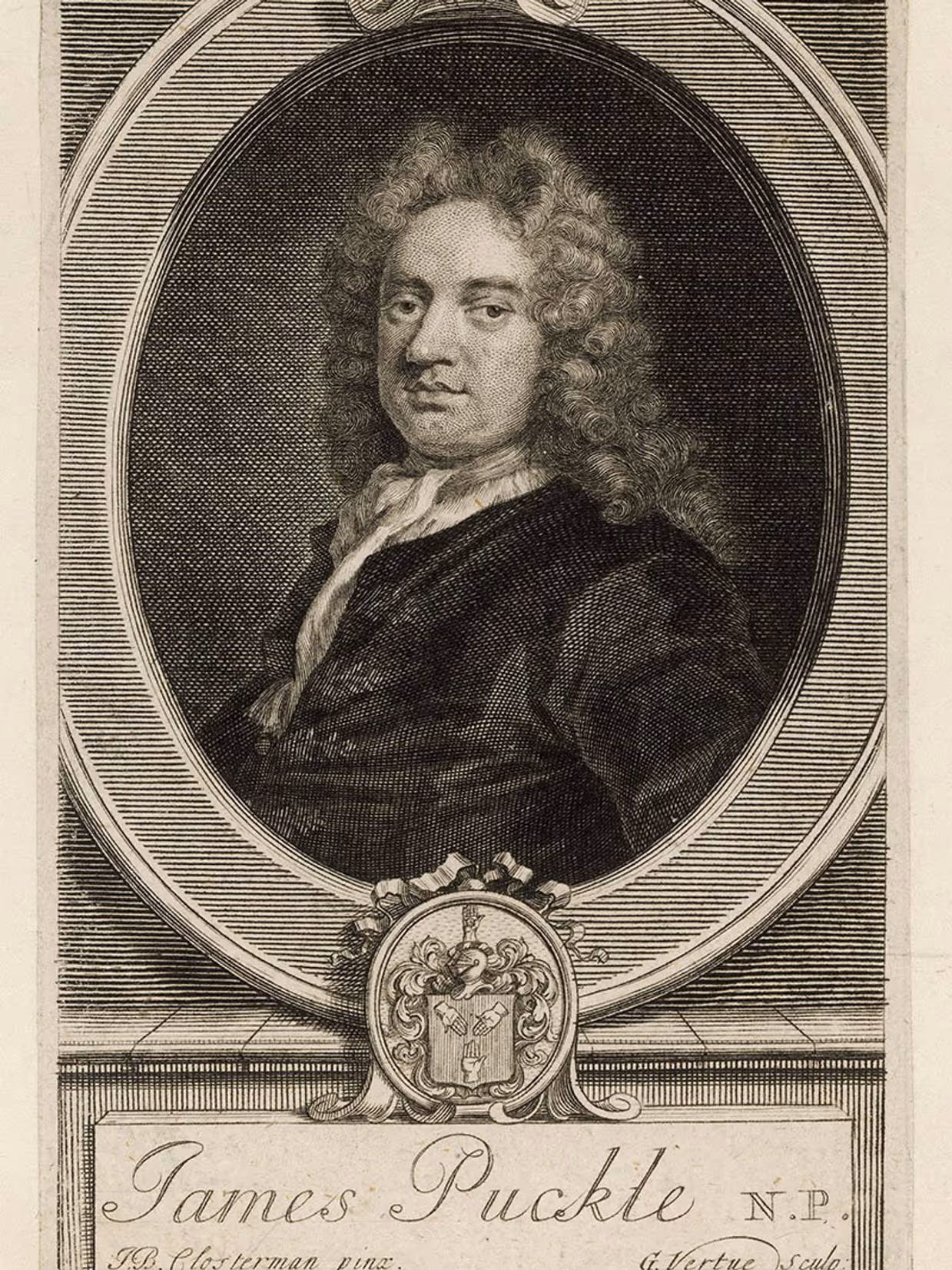 Portret van James Puckle, weelderig krullend haar, donkere jas, ovale lijst, wapenembleem, klassieke gravure.
