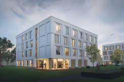 Animatie van een wit legeringsgebouw.