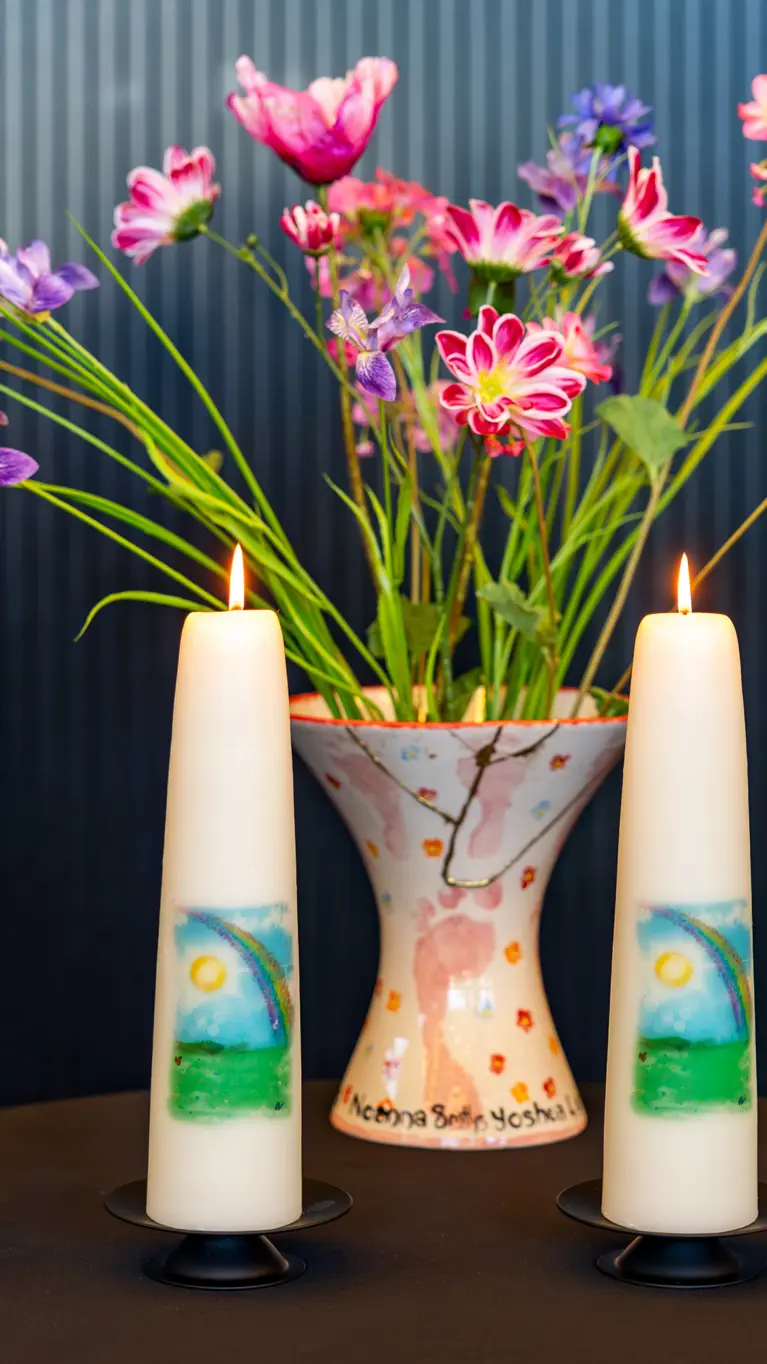 Vier brandende kaarsen op een tafel. Daarachter een vaas met gekleurde bloemen. 