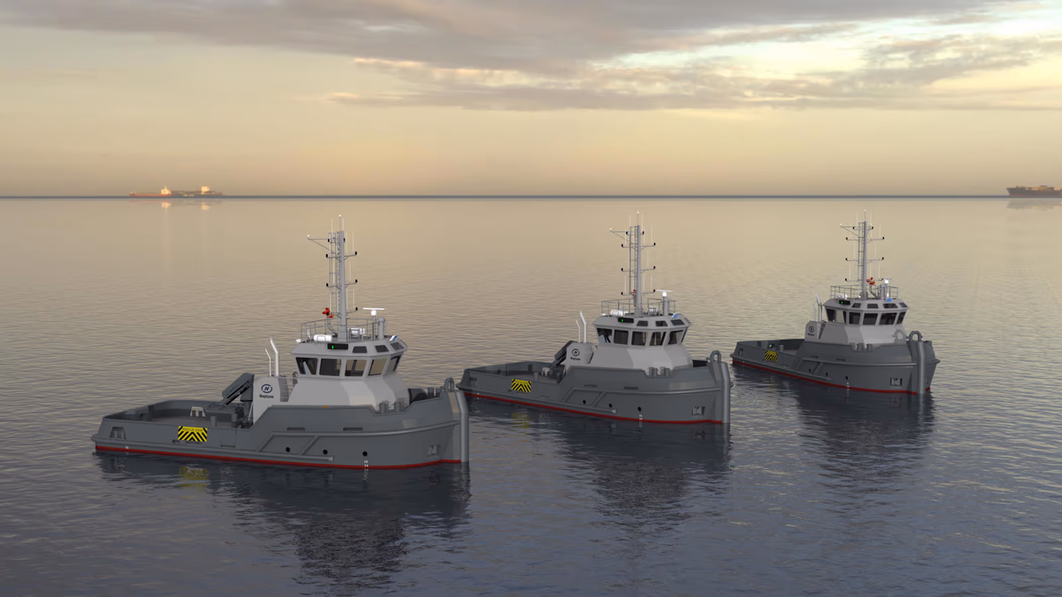 Animatie van 3 marine-sleepboten op een rij in stil water. 