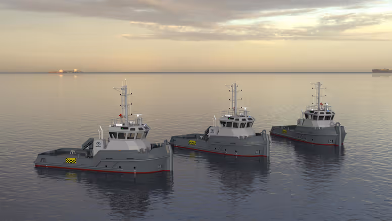 Animatie van 3 marine-sleepboten op een rij in stil water. 