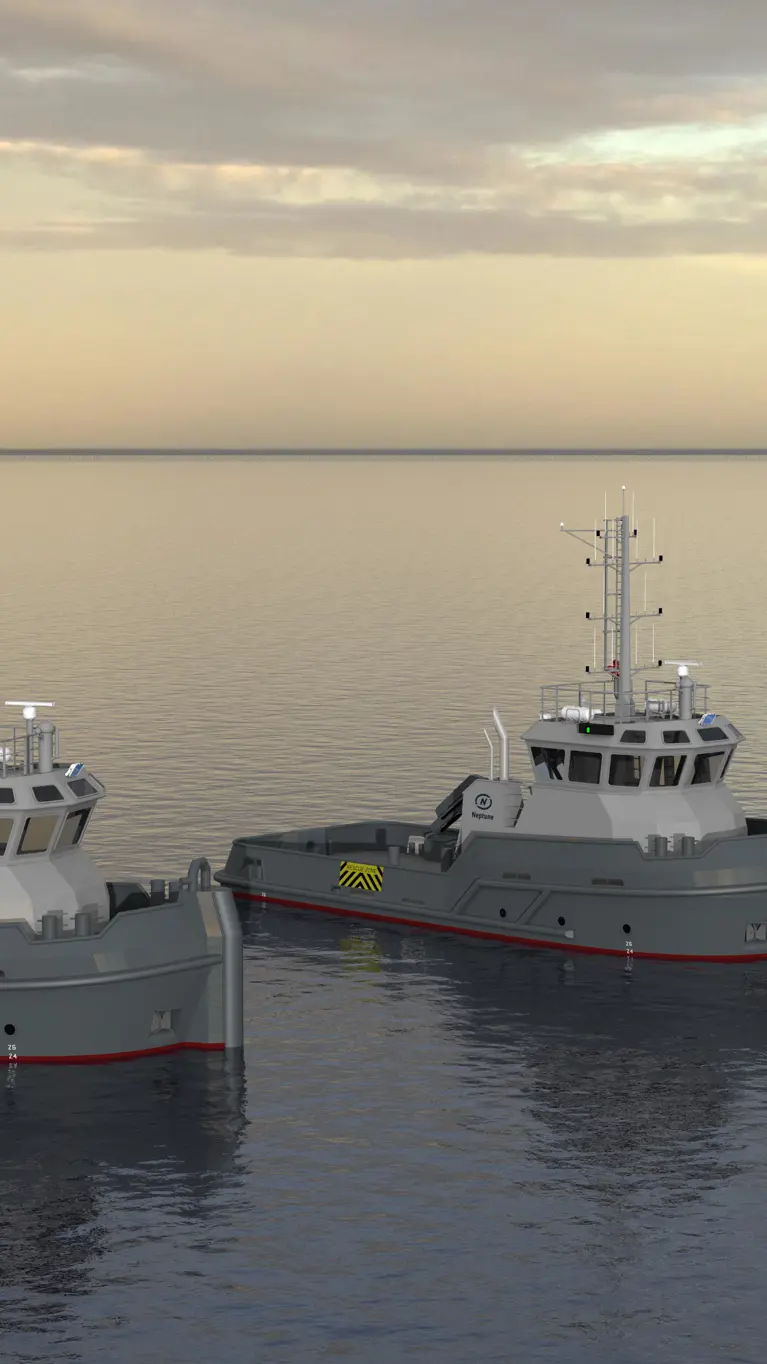 Animatie van 3 marine-sleepboten op een rij in stil water. 