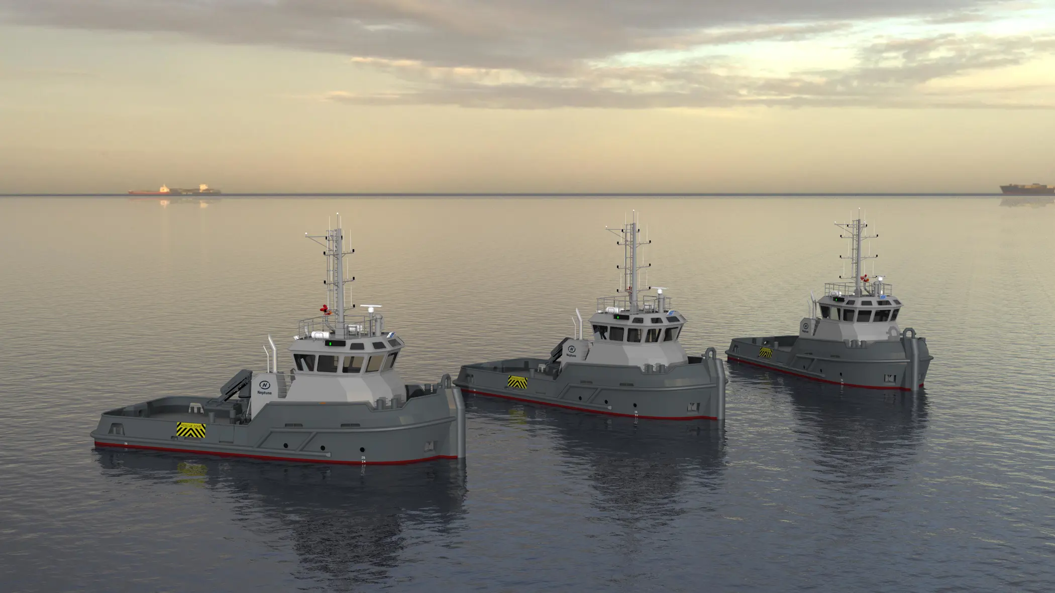 Animatie van 3 marine-sleepboten op een rij in stil water. 