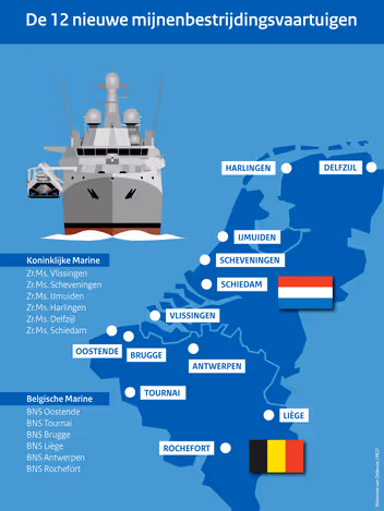 Een landkaart van België en Nederland waarop 12 steden gemarkeerd zijn. Dit zijn tevens de namen van de nieuwe mijnenbestrijdingsvaartuigen.
