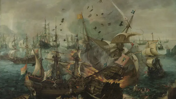 Ontploffen van Spaanse admiraalsschip tijdens de zeeslag bij Gibraltar. 'Slag bij Gibraltar' is een schilderij van Cornelis Claesz. van Wieringen (circa 1621).
