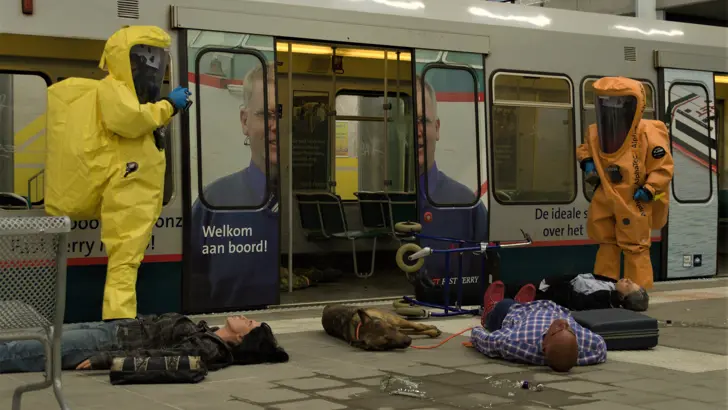 Gewonde mensen liggen op metroperron. CBRN-specialist in geel pak neemt een monster.
