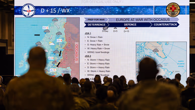 Een militaire presentatie met een groot scherm. Op het scherm staat een weerkaart van Europa met tekst over "Europa in oorlog" en weeromstandigheden. Een groep mensen kijkt toe.