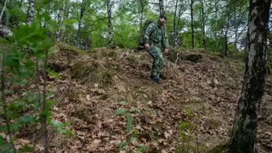 Een militair in camouflage met rugzak en stokken klimt een met bladeren bedekte heuvel op in een groen bos. 