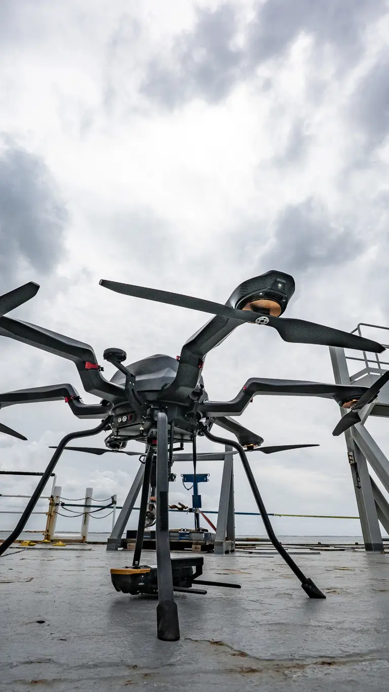 Een drone staat op het dek van een schip.