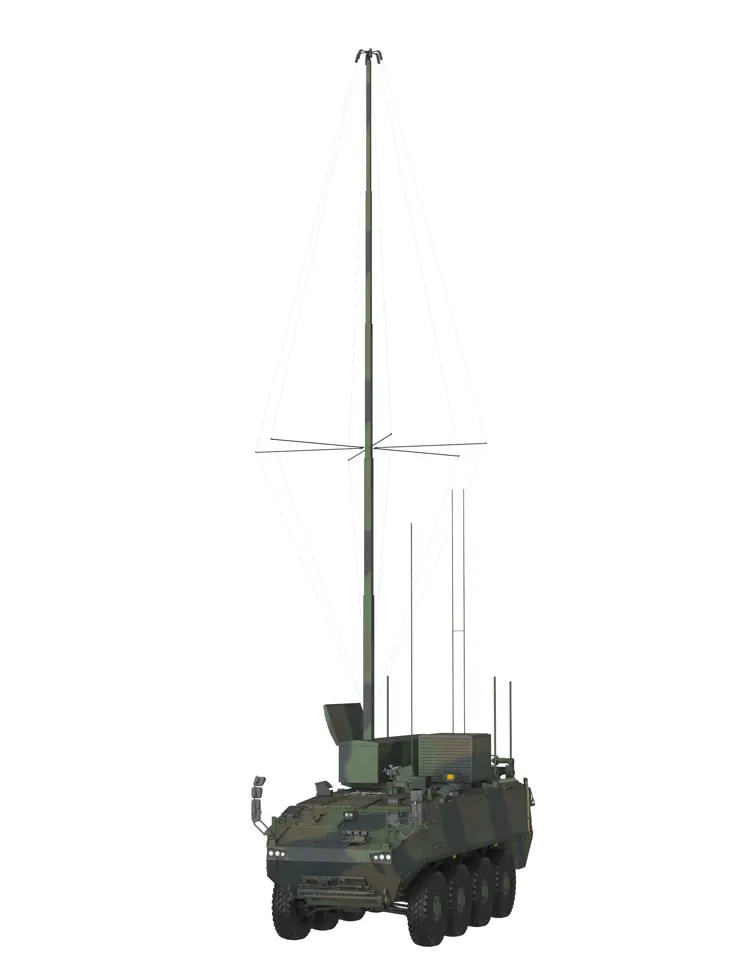 Twee impressies van het nieuwe voertuig, waarbij aan de bovenkant van de Piranha een antenne is gemonteerd.