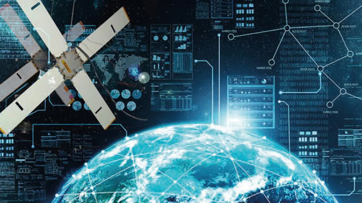Grafische weergave van een satelliet, de aarde bezien vanuit de ruimte en met digitale symbolen.