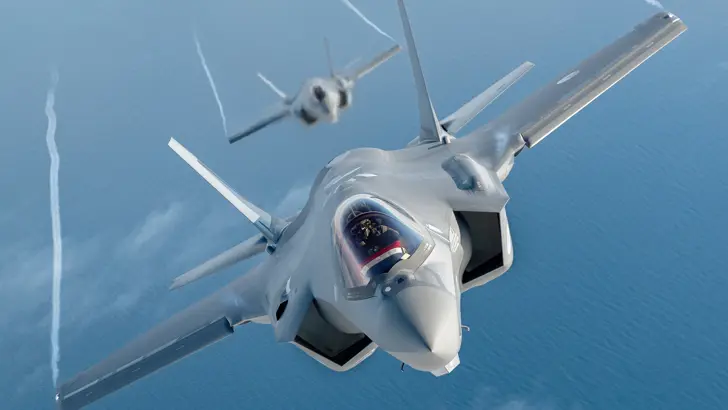 2 F-35's in de lucht vanaf de voorzijde.