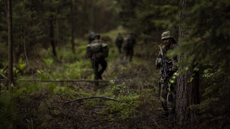 Een groep militairen loopt door het bos.
