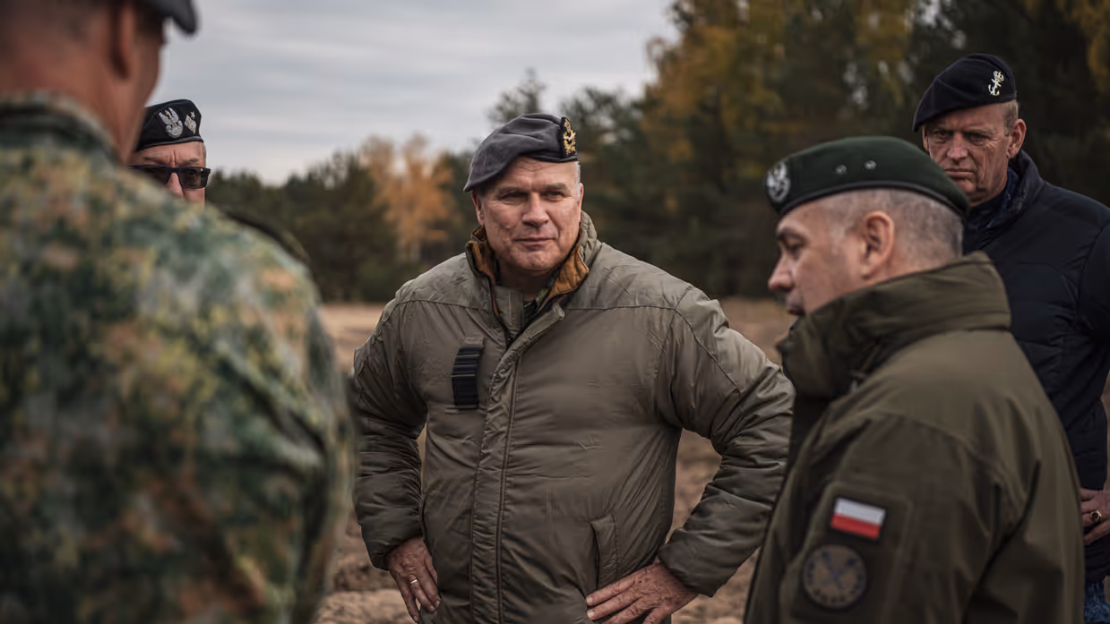 Verschillende afbeeldingen met daarop generaal Onno Eichelsheim. Zowel lachend in een tank, pratend met militairen, in gesprek met een collega van de marine en luisterend naar een Poolse militair, te zien aan de vlag op zijn pak.