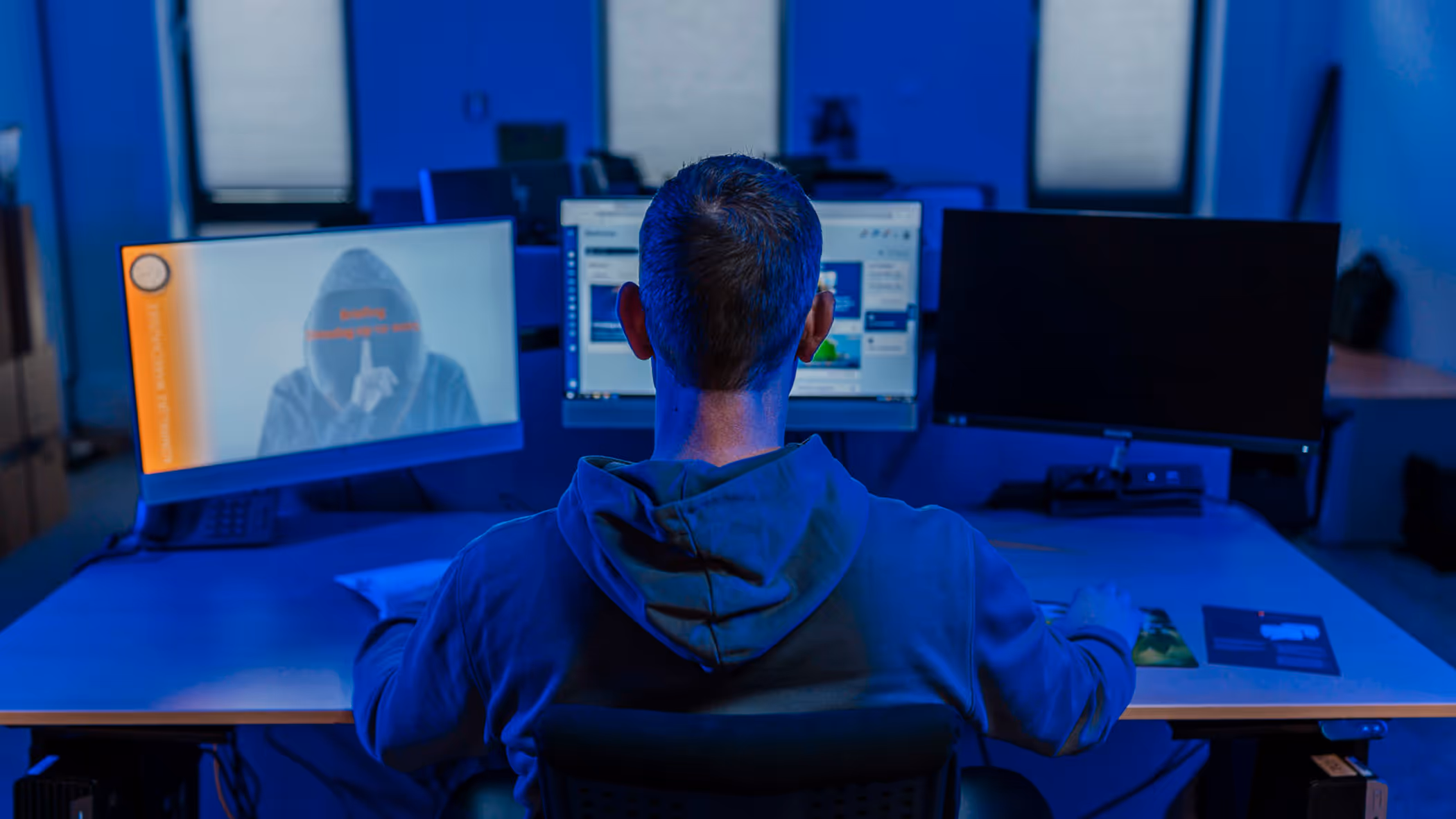 Professionele werkomgeving met een persoon aan een bureau, kijkend naar meerdere computerschermen in een blauw verlichte ruimte. Ook een silhouet van een gemaskerde figuur op één van de schermen.
