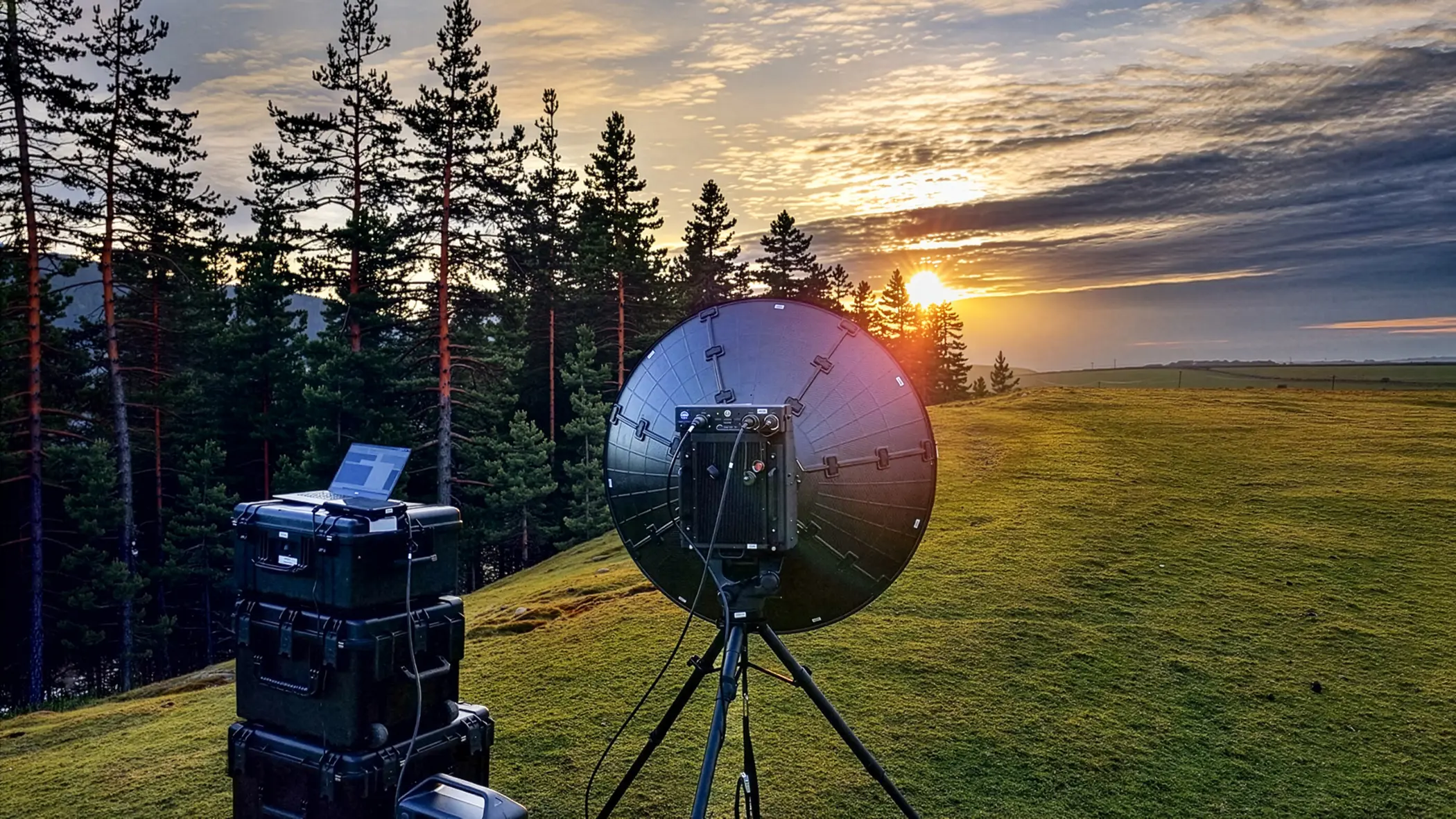 Een schotelantenne in een weiland naast bomen met op de achtergrond een ondergaande zon.