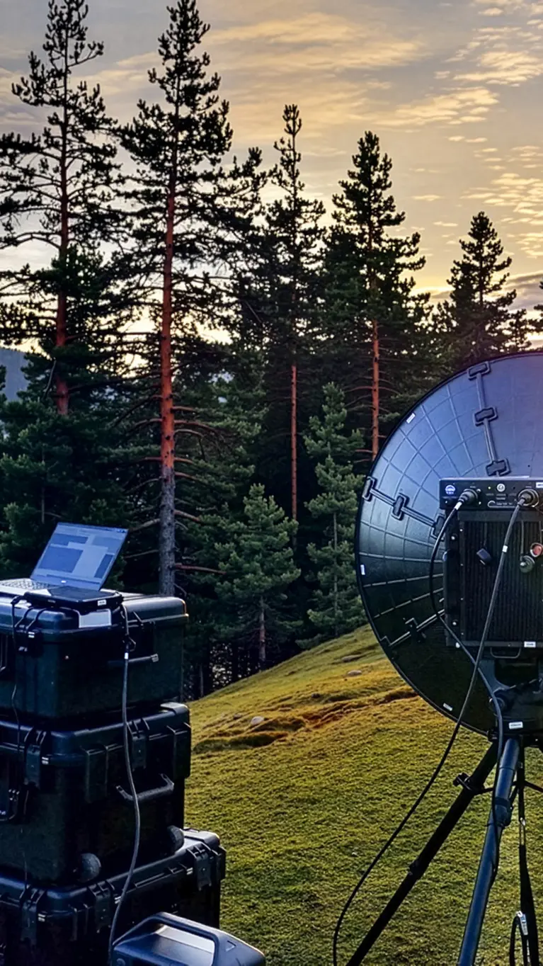 Een schotelantenne in een weiland naast bomen met op de achtergrond een ondergaande zon.