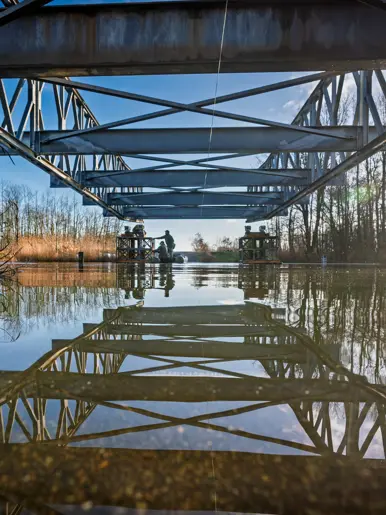Een foto van het water, waar een deel van de brug overheen hangt.