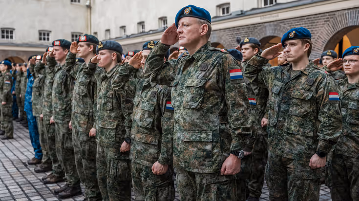 Rijen opgestelde militairen met verschillende kleuren baret op salueren.