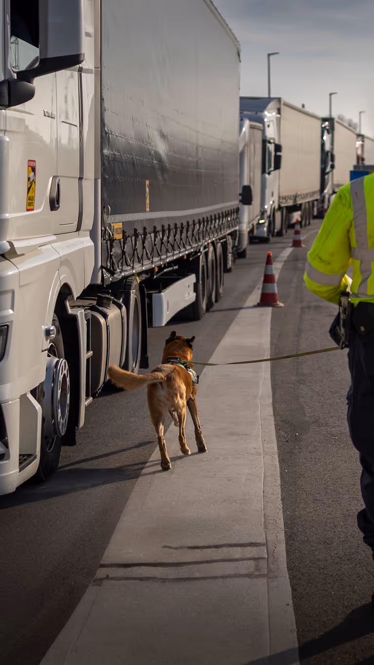 Marechaussee met hond op de rug gezien loopt langs trailer.