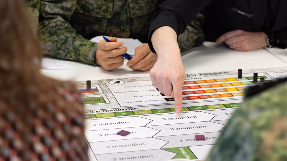 Een bordspel met paarse steentjes erop en een hand die wijst e meer handen van deelnemers.