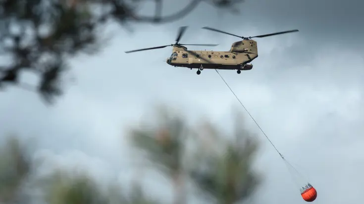 Een Chinook vliegt met een lege Bambi Bucket van rechts naar links. In de voorgrond zijn takken van bomen te zien zodat de helikopter daar tussendoor lijkt te vliegen. Geen bijschrift