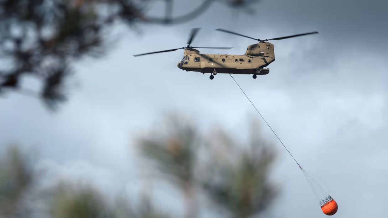 Een Chinook vliegt met een lege Bambi Bucket van rechts naar links. In de voorgrond zijn takken van bomen te zien zodat de helikopter daar tussendoor lijkt te vliegen. Geen bijschrift