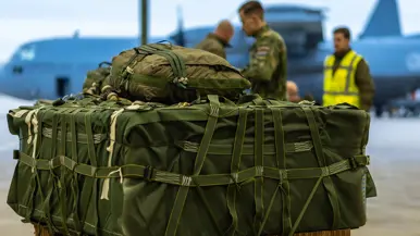 een groene vrachtbundel staat klaar, terwijl op de achtergrond militairen bezig zijn met een ander exemplaar. 