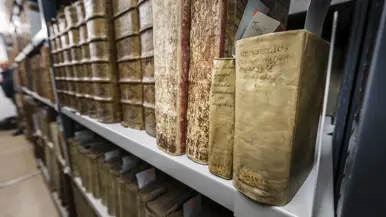 Een witte boekenplank met oude, bruine boeken met versleten kaften, sommige met handgeschreven etiketten en nummers.