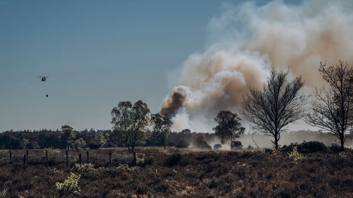 Een Chinook-transporthelikopter vliegt in de verte boven een bos, terwijl rookwolken opstijgen. 