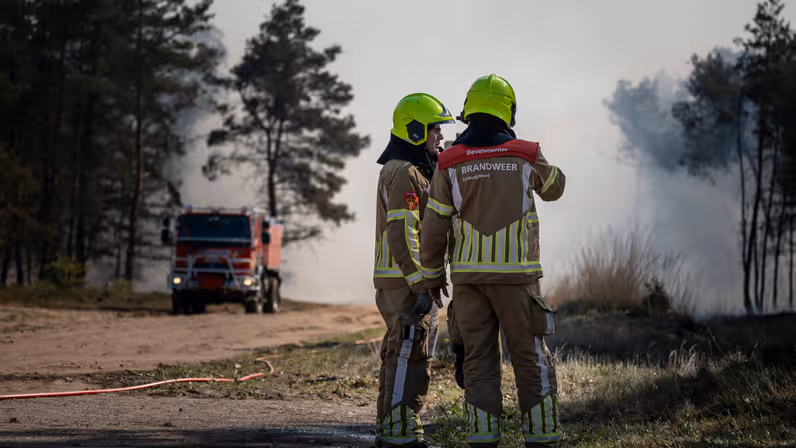 Twee brandweerlieden overleggen in een rookachtig natuurgebied tijdens de bestrijding van een natuurbrand op de Veluwe. 