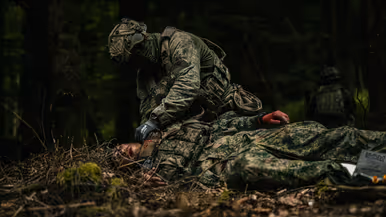 Bij een oefening helpt een militair een gewonde collega tijdens een ZHKH-casus. 
