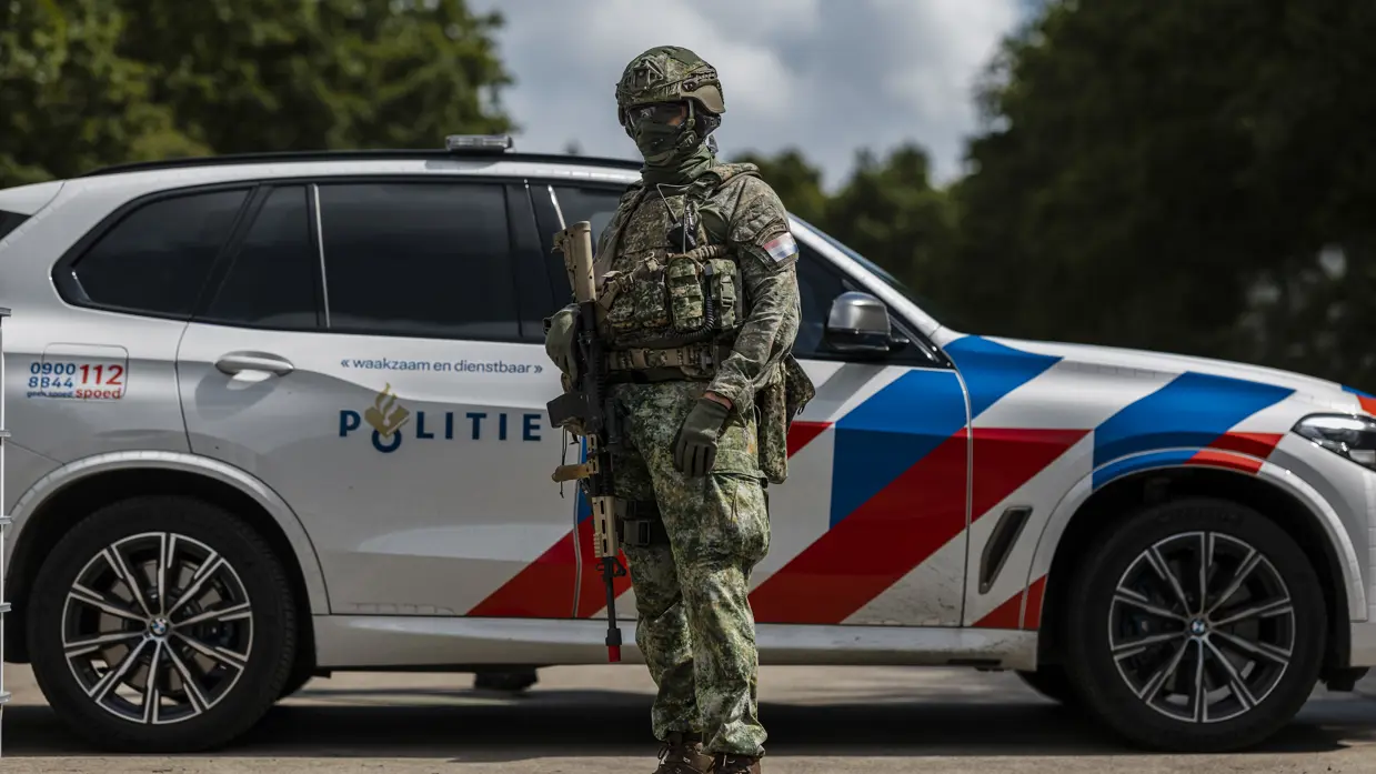 Militair staat voor een politiewagen in een bosrijke omgeving.