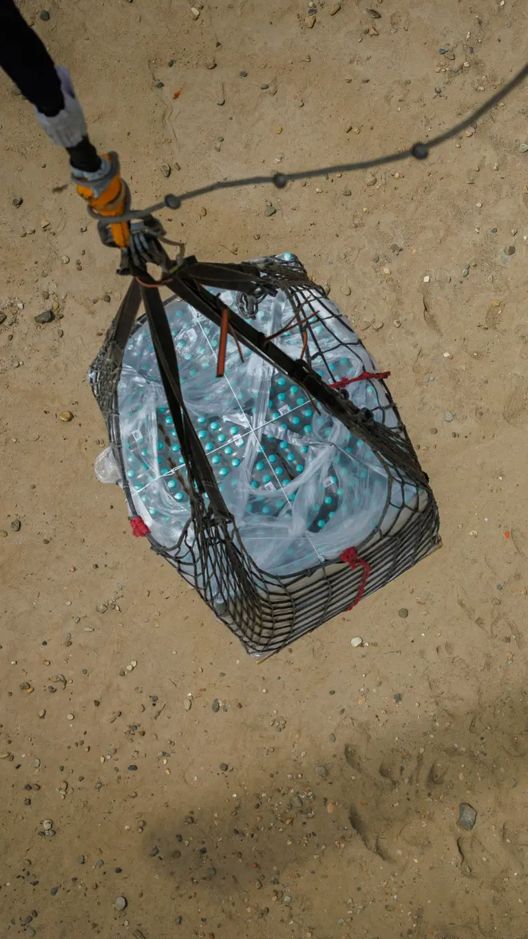 Een pallet waterflessen hangt boven een zandgebied. De kabel zit vast aan een helikopter, waarvan alleen de schaduw is te zien.