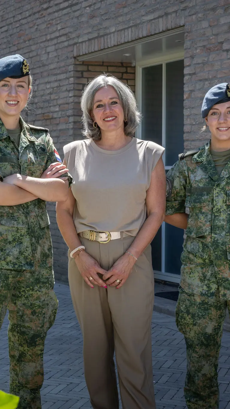 Moeder in burgerkleding staat tussen twee dochters in militair uniform en poseren allen glimlachend voor een bakstenen huis met garage en scooter.
