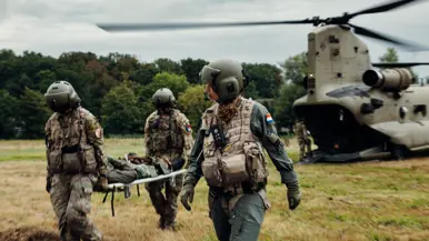 3 militairen met helm, bril, vizier en bepakking tillen een brancard met een militair erop en lopen op een weide weg van een helikopter.