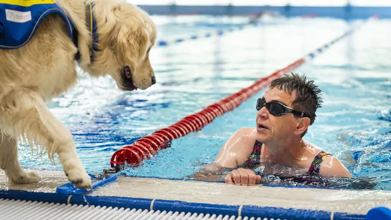 Een zwemster kijkt omhoog uit het water naar haar hond die aan de kant staat. 