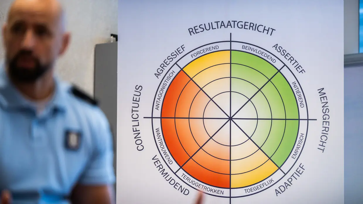 Een instructeur staat voor een groot bord waarop de Circumplex te zien is.