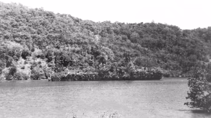 Een rustig breed wateroppervlak met aan de overkant een dicht, heuvelachtig bos met de contouren van een schip. De bomen vormen een dichte, natuurlijke muur langs de oever.