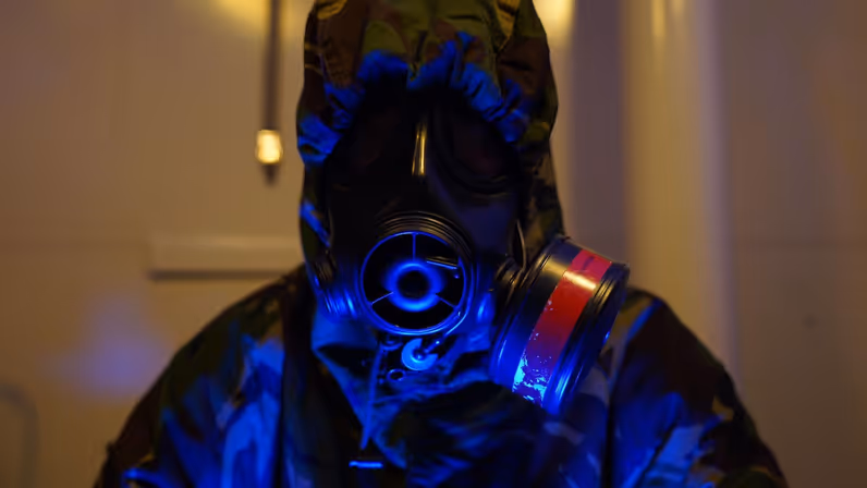 Een bemanningslid draagt een gasmasker en een beschermend pak.
