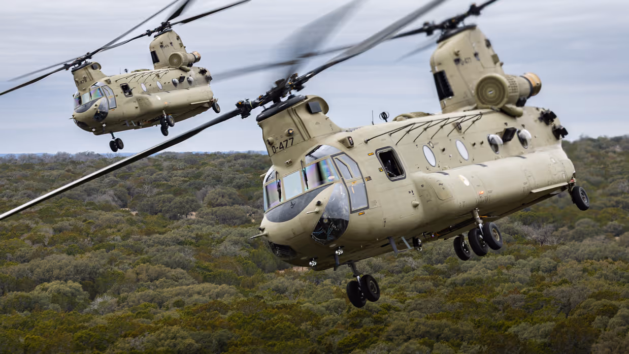 Twee Chinooks vliegend in een bocht boven een uitgestrekt groen landschap.