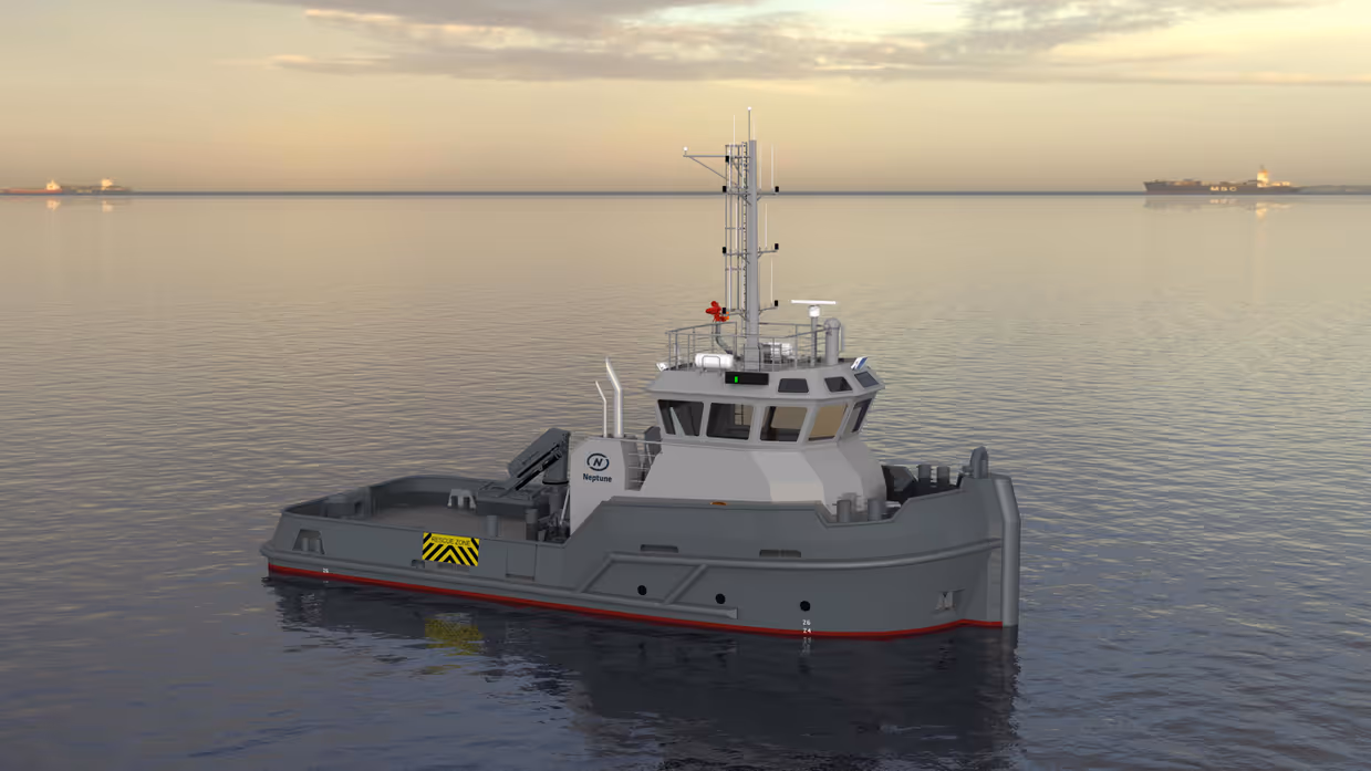 Animatie van marine sleepboot in stil water. 