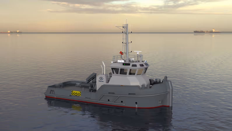 Animatie van marine sleepboot in stil water. 