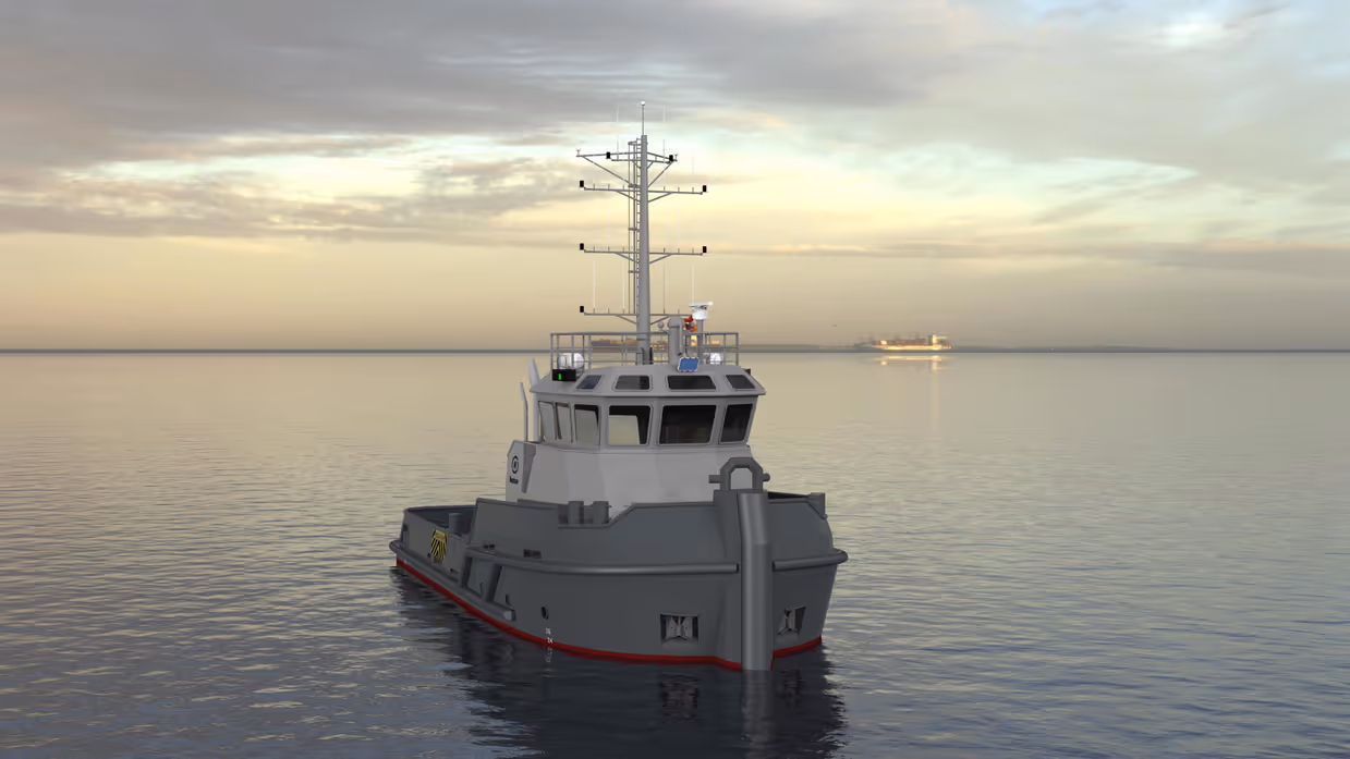 Animatie van voorkant marine sleepboot in stil water. 