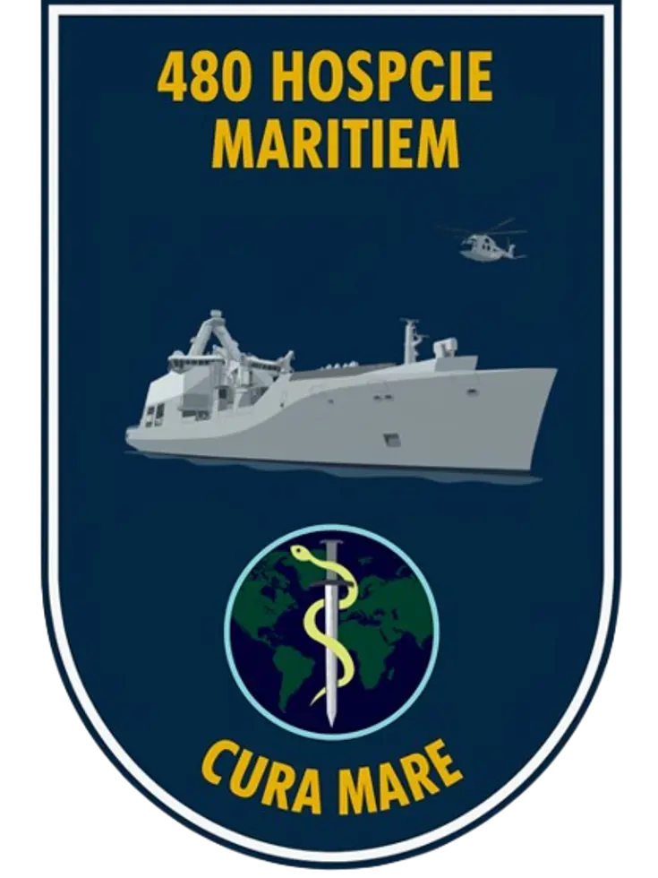 Een logo met water en een boot. 