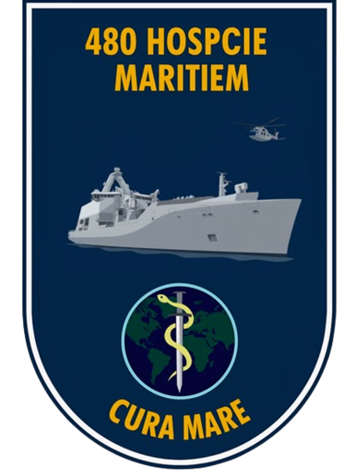 Een logo met water en een boot. 