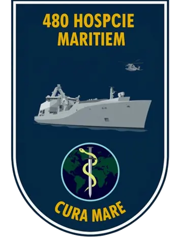 Een logo met water en een boot. 