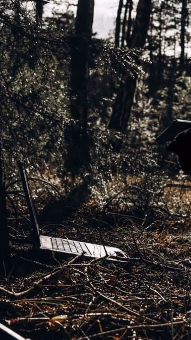 Een militair, waarvan enkel een silhouet te zien is, buigt zich over een laptop in het bos.