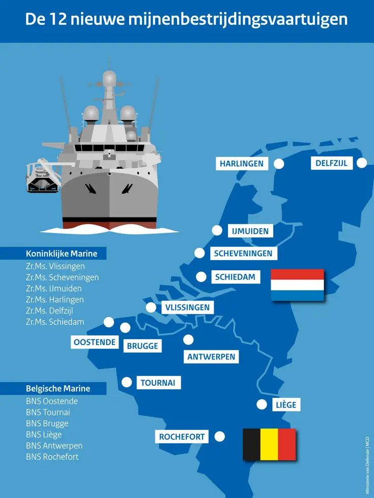 Een landkaart van België en Nederland waarop twaalf steden gemarkeerd zijn. Dit zijn tevens de namen van de nieuwe mijnenbestrijdingsvaartuigen.&nbsp;