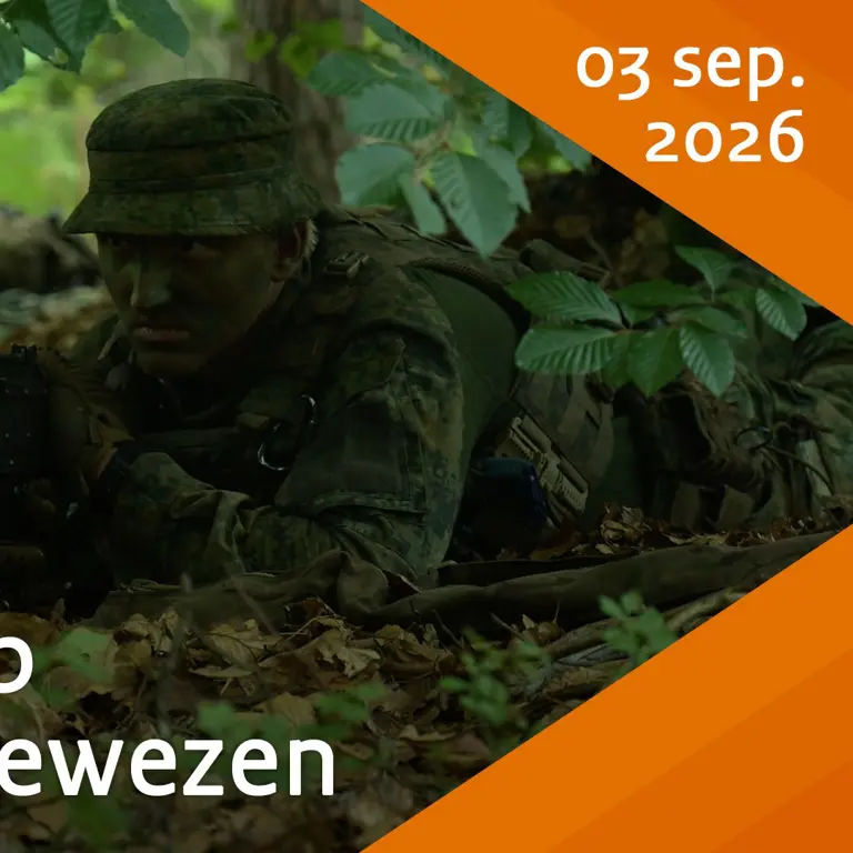 Een militair ligt gecamoufleerd in de bosjes met een geweer.
